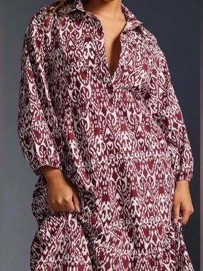 Anthropologie Burgundy and White Printed Midi Shirt Dress